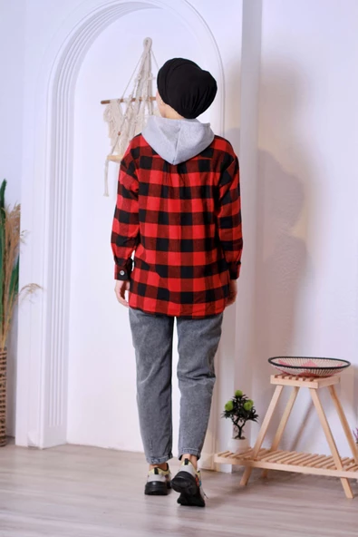Ekoseli Kapüşonlu Oduncu Gömlek - Kırmızı/siyah - 5