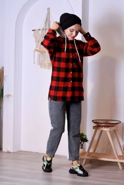 Ekoseli Kapüşonlu Oduncu Gömlek - Kırmızı/siyah - 2