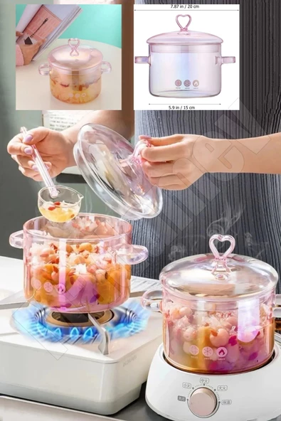 Tilbe Home 2 Adet Borosilikat Cam Tencere 1500ml Kalp Figürlü Isıya Dayanıklı Pembe Pink Kapaklı Tencere Seti - 4