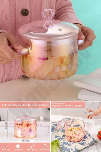 Tilbe Home 2 Adet Borosilikat Cam Tencere 1500ml Kalp Figürlü Isıya Dayanıklı Pembe Pink Kapaklı Tencere Seti - 3