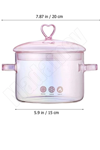Tilbe Home 2 Adet Borosilikat Cam Tencere 1500ml Kalp Figürlü Isıya Dayanıklı Pembe Pink Kapaklı Tencere Seti - 5