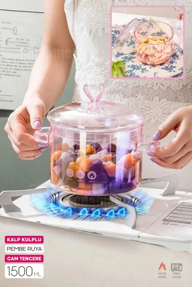 Pembe Kalp Figürlü Cam Tencere Isıya Dayanıklı Borosilikat Termisil Ocak Üstü Kulplu 1500 ml
