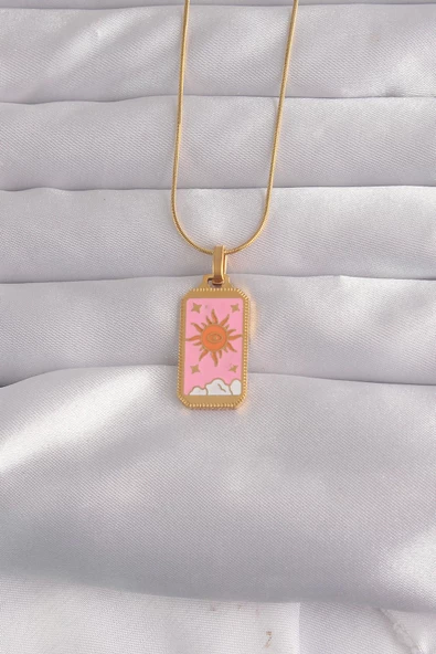 316L Çelik Gold Renk Pembe Mineli Güneş Model Tarot Kolye ürün görseli 1