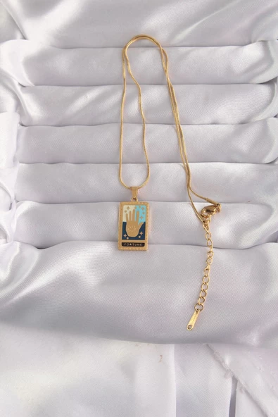 316L Çelik Gold Renk Karışık Mineli El Figür Tarot Kolye - Resim 2