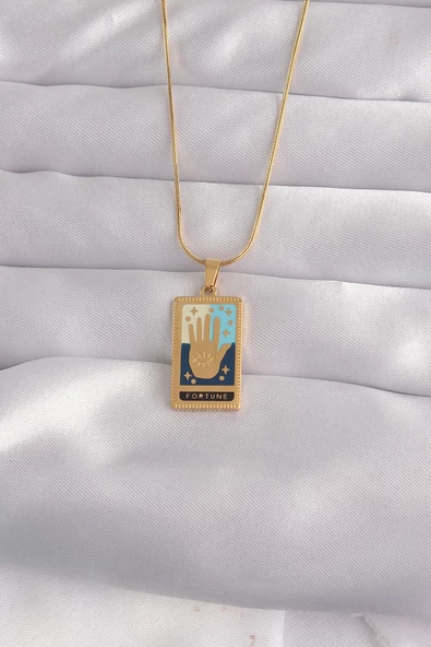 316L Çelik Gold Renk Karışık Mineli El Figür Tarot Kolye ürün görseli 1