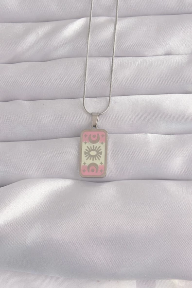 316L Çelik Gümüş Renk Pembe Mineli Ay Figür Tarot Kolye ürün görseli 1