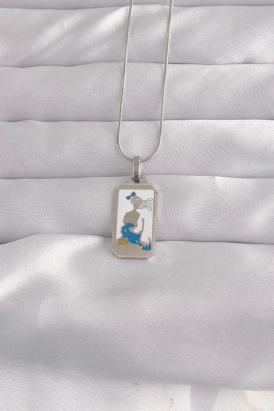 316L Çelik Gümüş Renk Beyaz Mineli Kız Figür Tarot Kolye ürün görseli 1