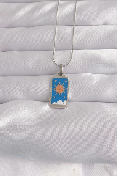 316L Çelik Gümüş Renk Mavi Mineli Güneş Model Tarot Kolye ürün görseli 1