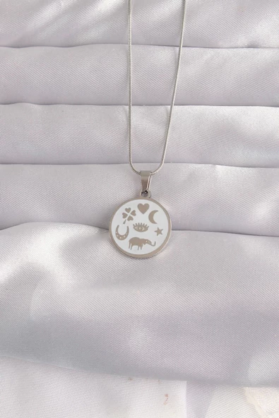 316L Çelik Gümüş Renk Beyaz Mineli Karışık Figürlü Tarot Kolye ürün görseli 1