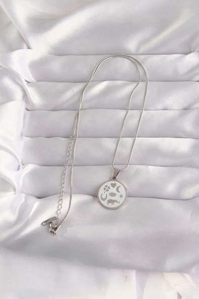 316L Çelik Gümüş Renk Beyaz Mineli Karışık Figürlü Tarot Kolye - Resim 2