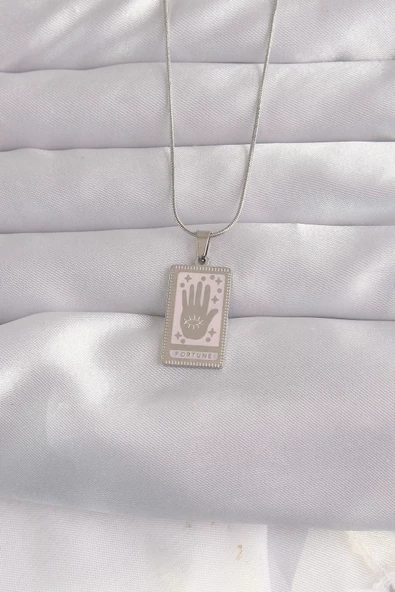 316L Çelik Gümüş Renk Pembe Mineli El Figür Tarot Kolye ürün görseli 1