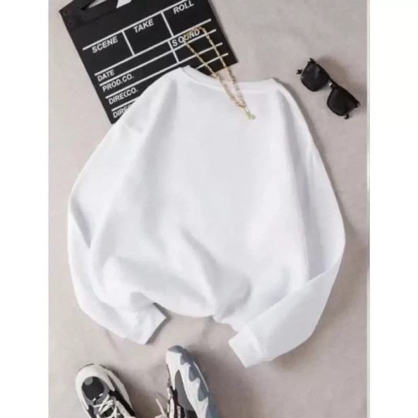 Lucky Life Üç İplik Biskilet Yaka Basic SweatShirt - Beyaz - 2