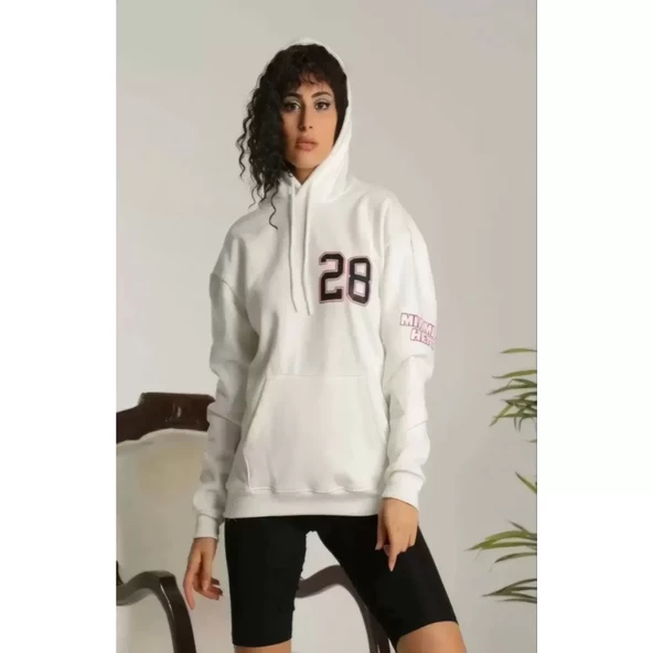 Unisex Kapşonlu Baskılı Sweetshirt - Beyaz