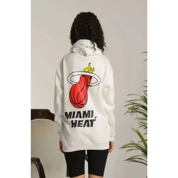 Unisex Kapşonlu Baskılı Sweetshirt - Beyaz - 2