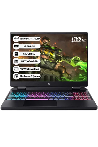 Acer Predator Intel İ7 13700Hx 32Gb 512Gb Ssd Rtx4060-8Gb Dos 16" Wqxga 165Hz Taşınabilir Bilgisayar Nh.qluey.004-32