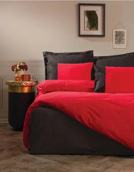 Cotton Box Plain Çift Kişilik Nevresim Takımı Kırmızı-Siyah