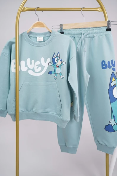 YENİ SEZON OKULA DÖNÜŞ BLUEY DESENLİ BİSİKLET YAKA PAMUK EŞOFMAN TAKIMI - 2