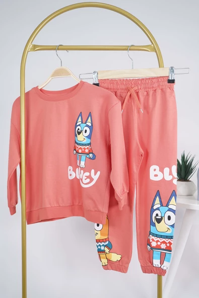 YENİ SEZON OKULA DÖNÜŞ BLUEY DESENLİ BİSİKLET YAKA PAMUK EŞOFMAN TAKIMI - 7