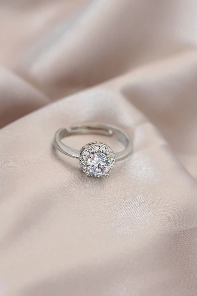 Ayarlamalı Gümüş Renk Metal Zirkon ve Kristal Taşlı Oval Model Yüzük ürün görseli 1