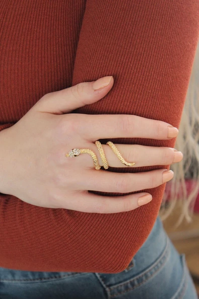 Ayarlanabilir Gold Renk Zirkon Taşlı Yılan Yüzük - Resim 2