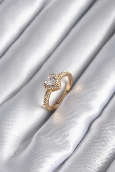 Pirinç Gold Renk Zirkon Taşlı Kalp Charm Model Kadın Yüzük ürün görseli 1