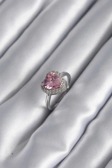 Pirinç Gümüş Renk Pembe Zirkon Taş Kalp Charm Model Kadın Yüzük ürün görseli 1