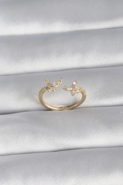 Pirinç Gold Renk Zirkon Taşlı Kelebek Model Kadın Yüzük ürün görseli 1