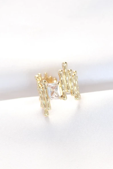 Gold Renk Tırtıklı Kalın Baget Taş Tasarım Ayarlanabilir Yüzük ürün görseli 1