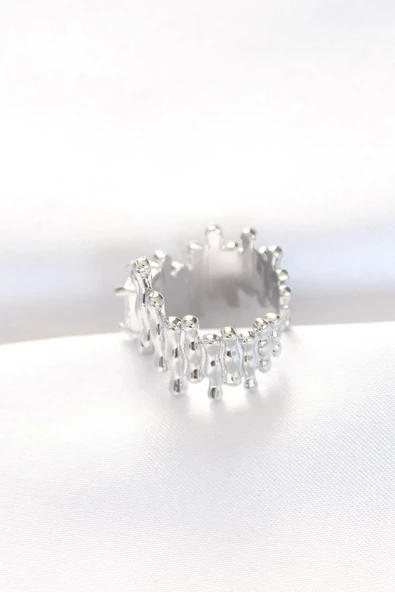 Silver Renk Tırtıklı Kalın Baget Taş Tasarım Ayarlanabilir Yüzük - Resim 2