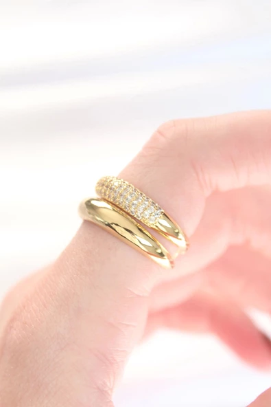 2li Görünümlü Zirkon Taşlı Gold Renk Ayarlanabilir Bombe Yüzük - Resim 2