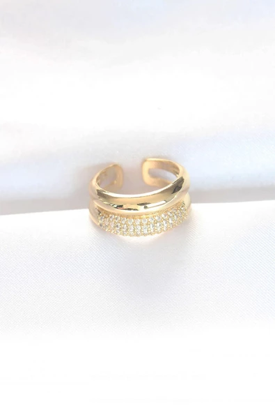 2li Görünümlü Zirkon Taşlı Gold Renk Ayarlanabilir Bombe Yüzük ürün görseli 1