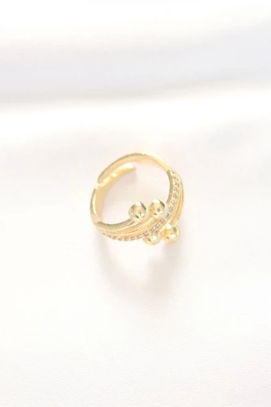 Topçuk Model Zirkon Taşlı Gold Renk Ayarlanabilir Yüzük - 3