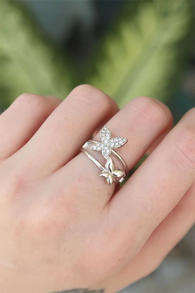 Pirinç Gümüş Renk Ayarlanabilir Zirkon Taşlı Kelebek Yüzük ürün görseli 1