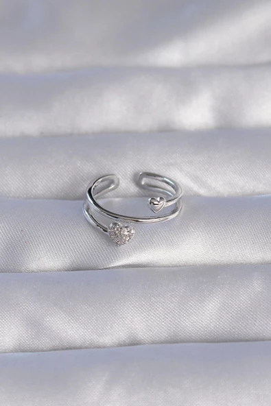 Pirinç Gümüş Renk Zirkon Taşlı Kalpli Model Ayarlanabilir Yüzük - Resim 2