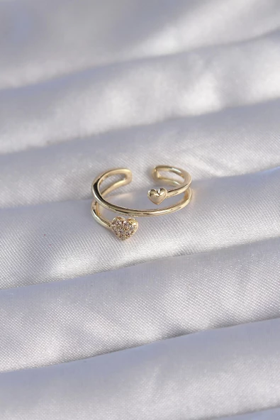 Pirinç Gold Renk Zirkon Taşlı Kalpli Model Ayarlanabilir Yüzük - Resim 2
