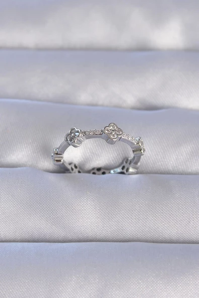 Pirinç Gümüş Renk Zirkon Taşlı Yonca Model Ayarlanabilir Yüzük ürün görseli 1