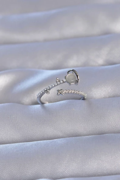 Pirinç Gümüş Renk Zirkon Taşlı İncili Satürn Model Ayarlanabilir Yüzük ürün görseli 1