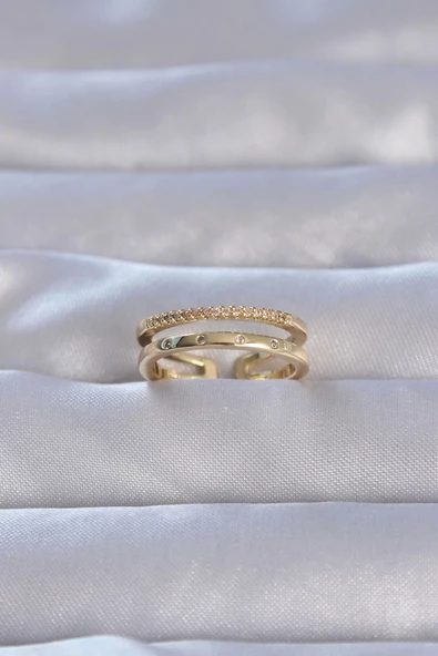 Pirinç Gold Renk Sıralı Zirkon Taşlı Ayarlanabilir Yüzük ürün görseli 1