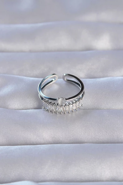 Pirinç Gümüş Renk Zirkon Taşlı Baget Su Yolu Model Ayarlanabilir Yüzük - Resim 2