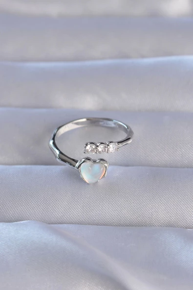 Pirinç Gümüş Renk Zirkon Taşlı Sedefli Kalp Model Ayarlanabilir Yüzük - Resim 2