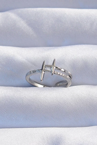 Pirinç Gümüş Renk Zirkon Taşlı 2li Görünüm Ayarlanabilir Yıldız Model Yüzük ürün görseli 1