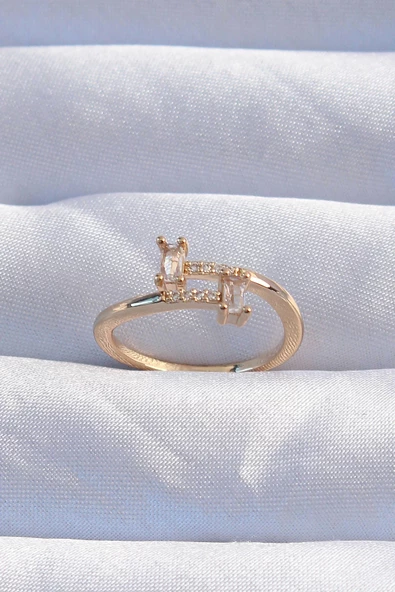 Pirinç Gold Renk Zirkon Taşlı Geometrik Ayarlanabilir Yüzük ürün görseli 1