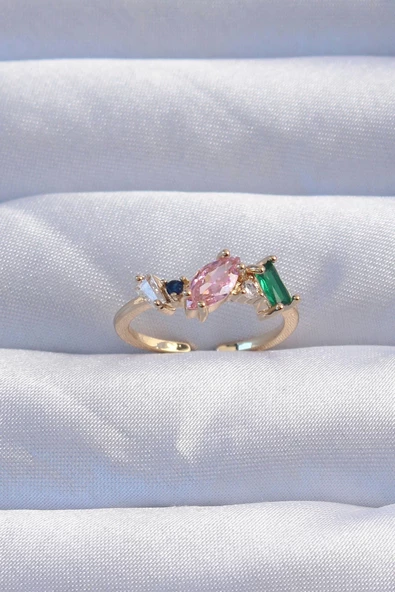 Pirinç Gold Renk Renkli Zirkon Taşlı Ayarlanabilir Yüzük ürün görseli 1