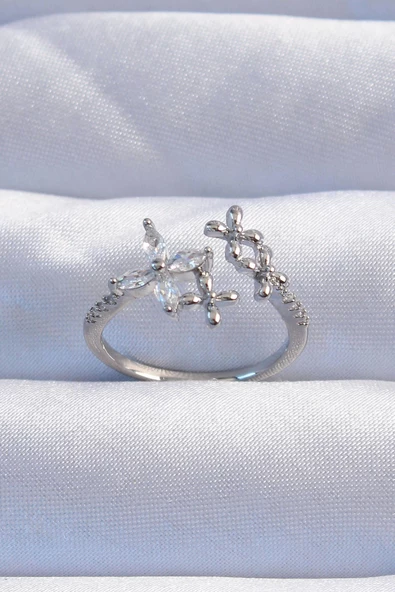 Pirinç Gümüş Renk Zirkon Taşlı Çiçek Model Ayarlanabilir Yüzük ürün görseli 1