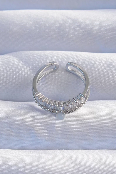 Pirinç Gümüş Renk Sedefli Zirkon Taşlı Su Yolu Model 2li Görünüm Ayarlanabilir Yüzük - Resim 2