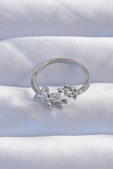 Pirinç Gümüş Renk Zirkon Taşlı Çiçek Model Ayarlanabilir Yüzük - Resim 2