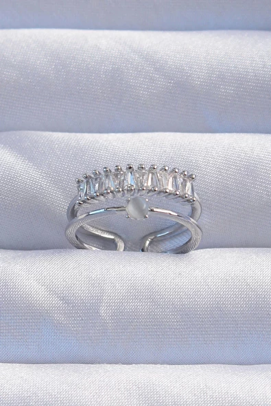 Pirinç Gümüş Renk Sedefli Zirkon Taşlı Su Yolu Model 2li Görünüm Ayarlanabilir Yüzük ürün görseli 1