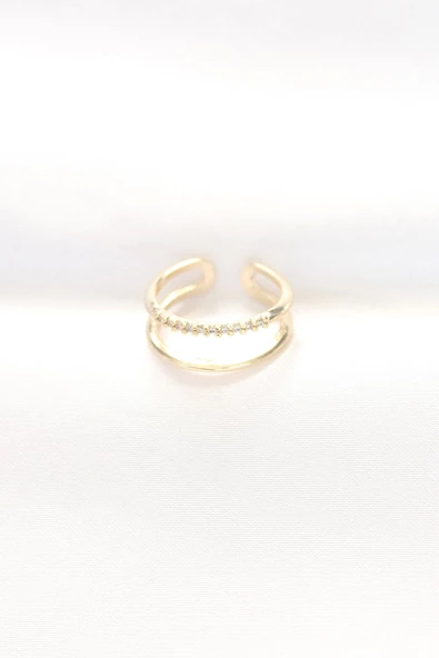 2li Görünümlü Su Yolu Tasarımlı Gold Renk Ayarlanabilir Yüzük - Resim 2