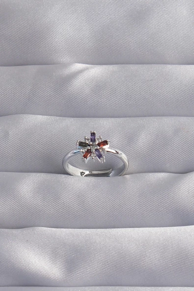 Pirinç Gümüş Renk Renkli Zirkon Taşlı Ayarlamalı Yüzük ürün görseli 1