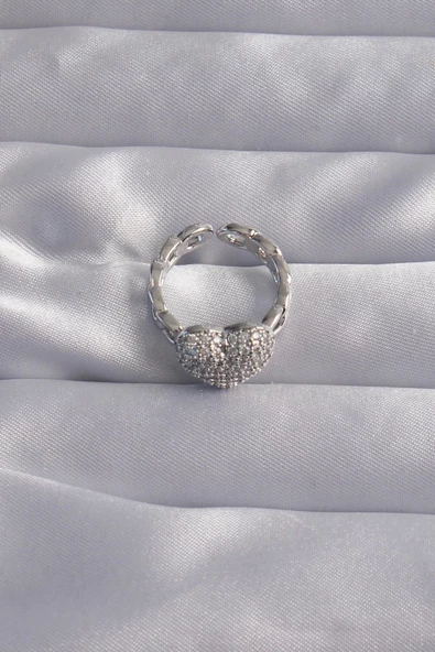 Pirinç Ayarlamalı Gümüş Renk Zirkon Taşlı Bombeli Kalp Yüzük - Resim 2